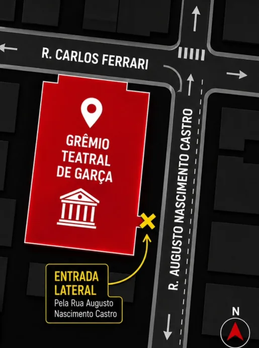 Mapa ilustrado: o Grêmio Teatral de Garça fica na esquina da Rua Carlos Ferrari com a Rua Augusto Nascimento Castro; a entrada é pela lateral, na Rua Augusto Nascimento Castro